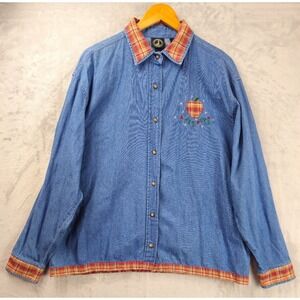 Vintage Lighthouse Apparel Denim Chambray Shirt XL Apple Patches Plaid Trim